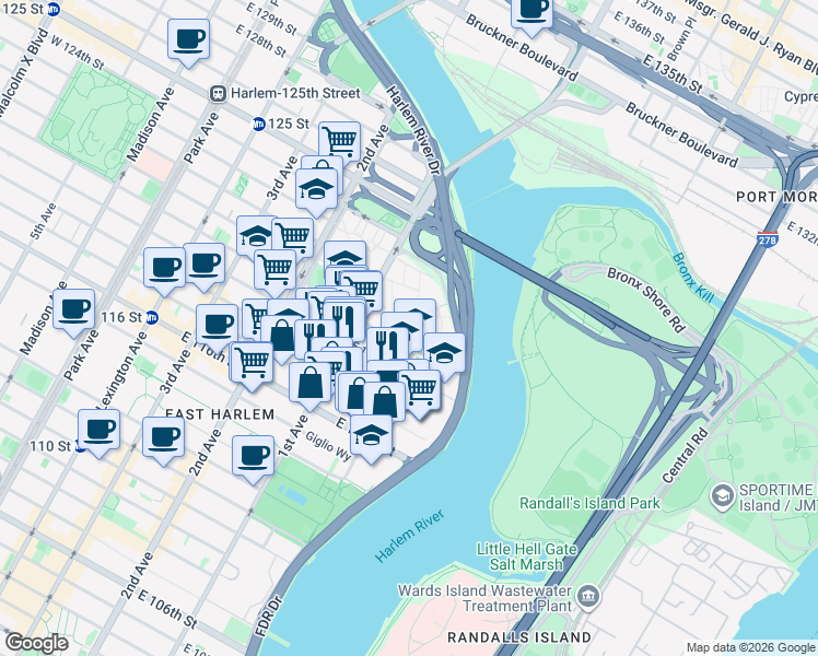 map of restaurants, bars, coffee shops, grocery stores, and more near 413 East 120th Street in New York