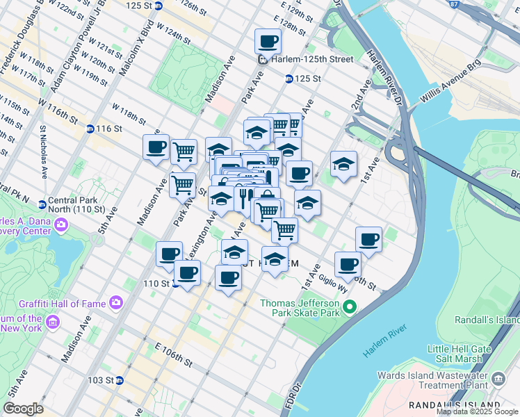 map of restaurants, bars, coffee shops, grocery stores, and more near in New York