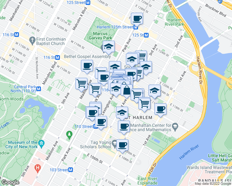 map of restaurants, bars, coffee shops, grocery stores, and more near in New York