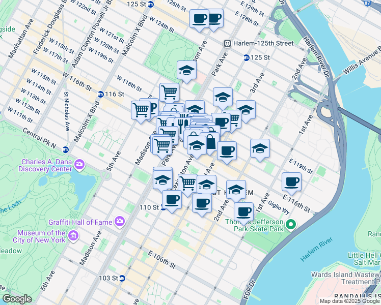map of restaurants, bars, coffee shops, grocery stores, and more near 109 East 116th Street in New York