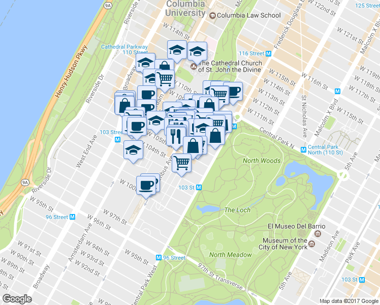 map of restaurants, bars, coffee shops, grocery stores, and more near in New York