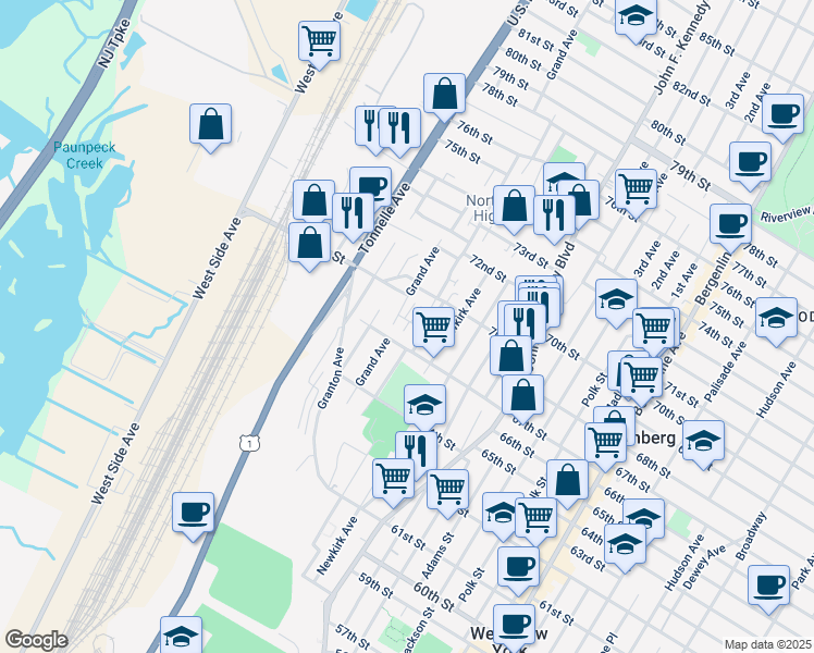 map of restaurants, bars, coffee shops, grocery stores, and more near 1461A 68th Street in North Bergen