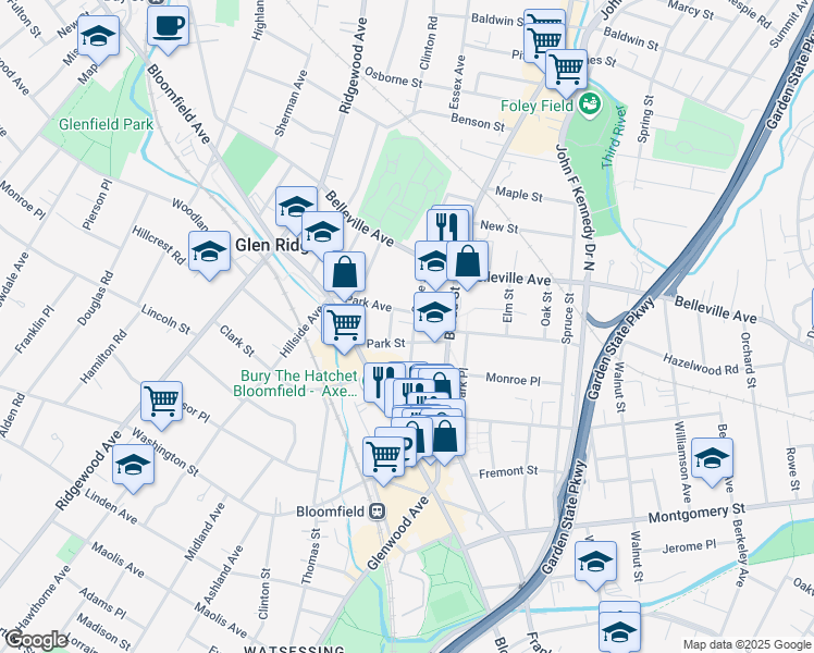 map of restaurants, bars, coffee shops, grocery stores, and more near 38 Park Avenue in Bloomfield