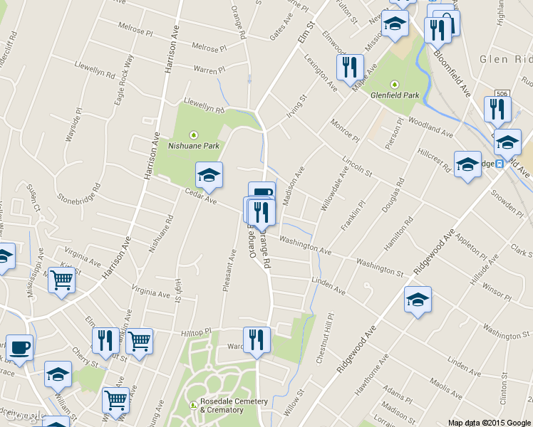 map of restaurants, bars, coffee shops, grocery stores, and more near 301 Orange Road in Montclair