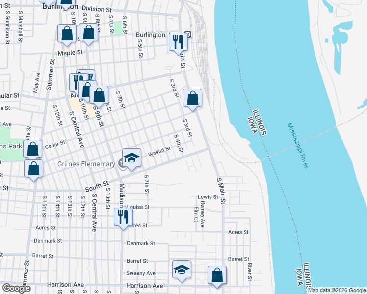 map of restaurants, bars, coffee shops, grocery stores, and more near 1020 S 4th St in Burlington