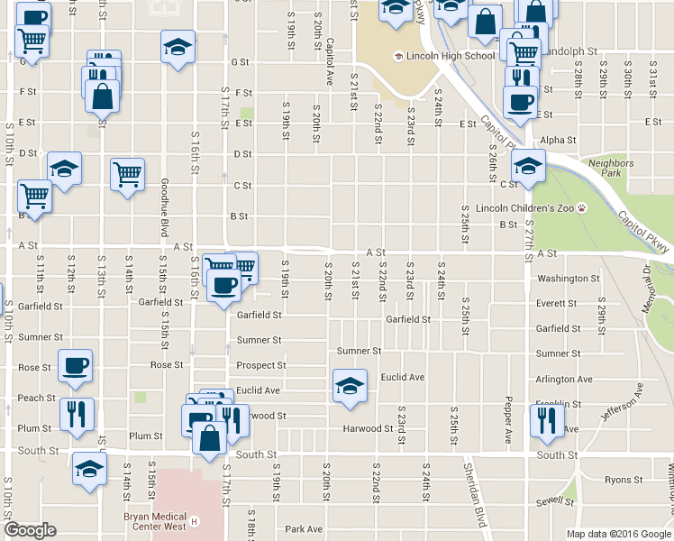map of restaurants, bars, coffee shops, grocery stores, and more near 1418 South 20th Street in Lincoln