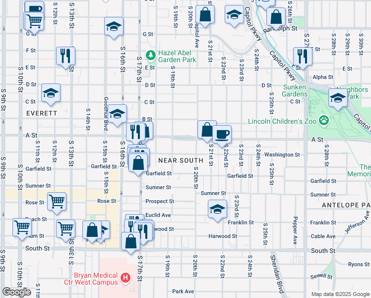 map of restaurants, bars, coffee shops, grocery stores, and more near 1955 A Street in Lincoln