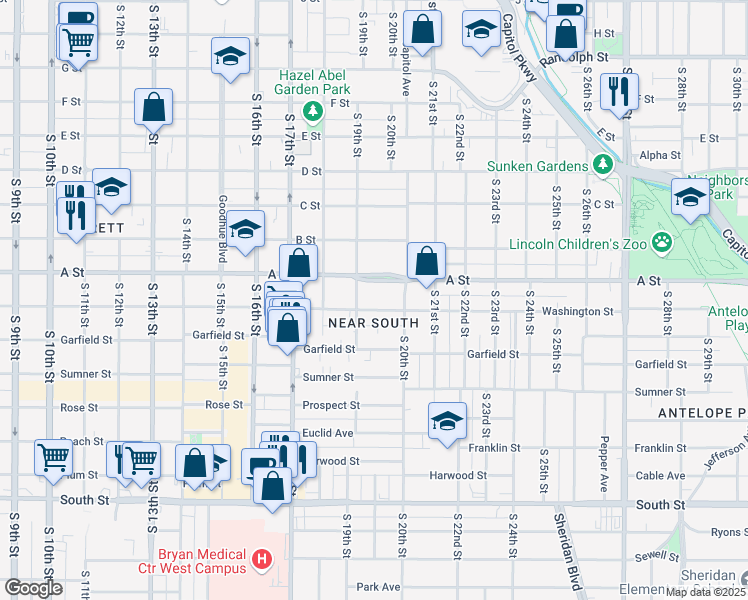 map of restaurants, bars, coffee shops, grocery stores, and more near 1955 A Street in Lincoln
