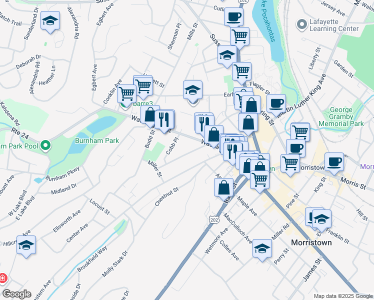 map of restaurants, bars, coffee shops, grocery stores, and more near 19 Phoenix Avenue in Morristown