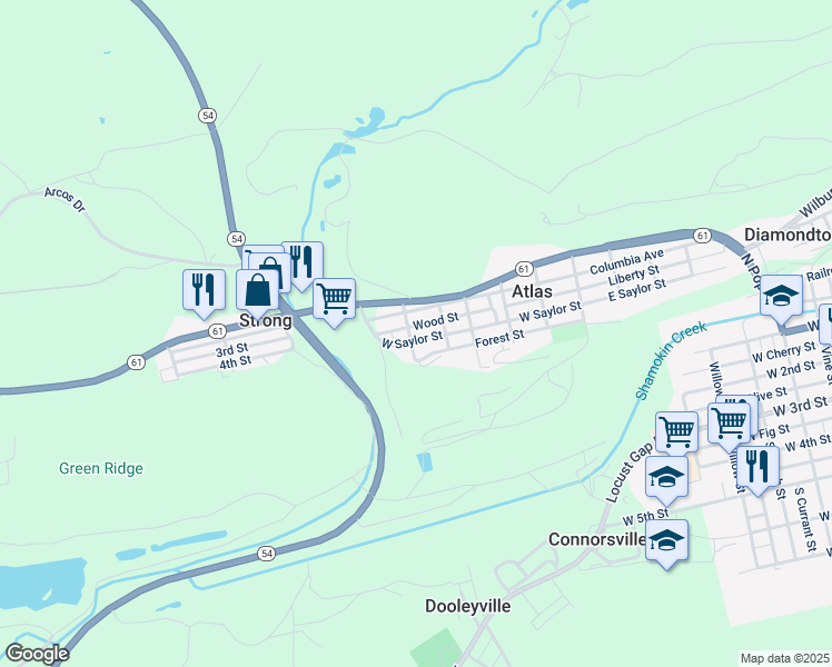 map of restaurants, bars, coffee shops, grocery stores, and more near Wood Street in Mount Carmel