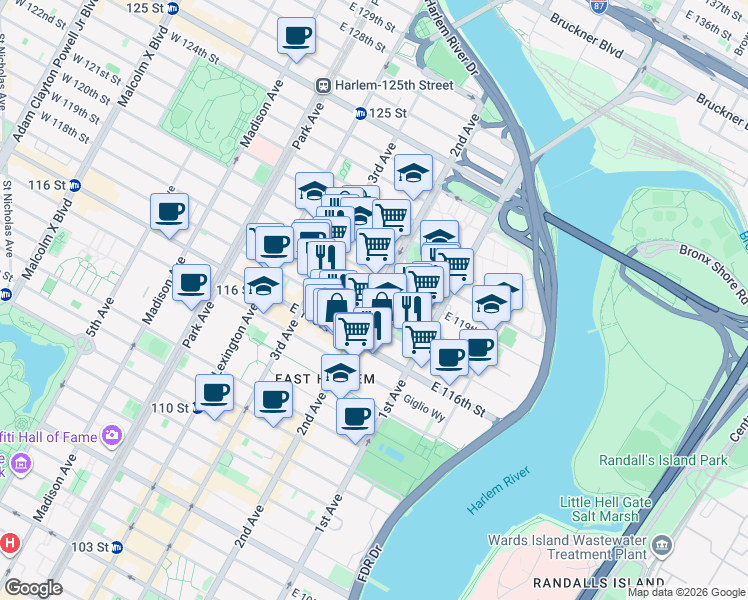 map of restaurants, bars, coffee shops, grocery stores, and more near 2nd Ave & E 118th St in New York