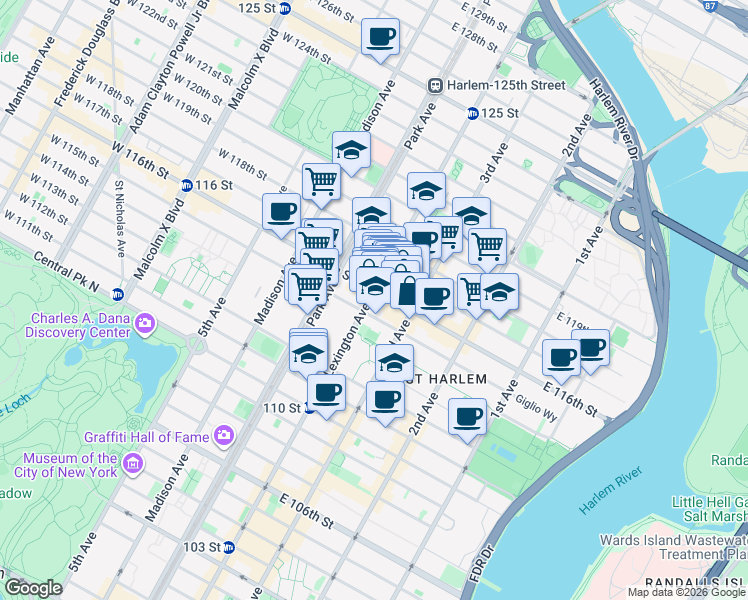 map of restaurants, bars, coffee shops, grocery stores, and more near 150 East 116th Street in New York