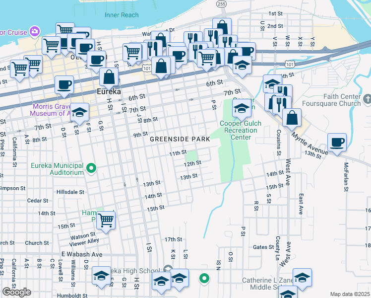 map of restaurants, bars, coffee shops, grocery stores, and more near 1201 11th Street in Eureka