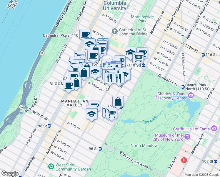 map of restaurants, bars, coffee shops, grocery stores, and more near 84 West 105th Street in New York