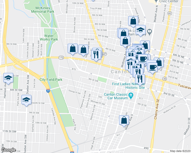 map of restaurants, bars, coffee shops, grocery stores, and more near 908 3rd Street Southwest in Canton