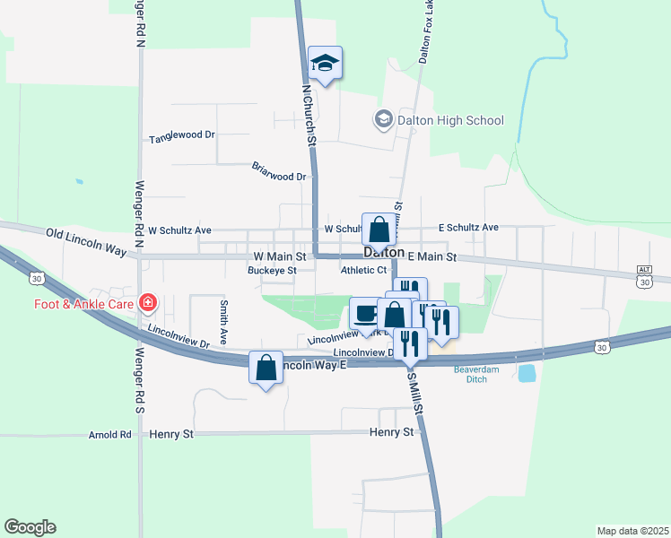 map of restaurants, bars, coffee shops, grocery stores, and more near 151 West Main Street in Dalton