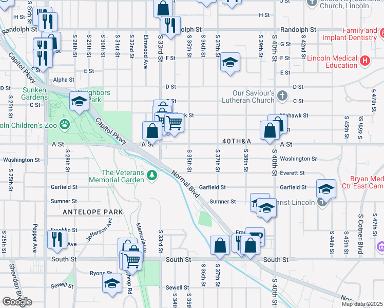 map of restaurants, bars, coffee shops, grocery stores, and more near 3500 Washington Street in Lincoln