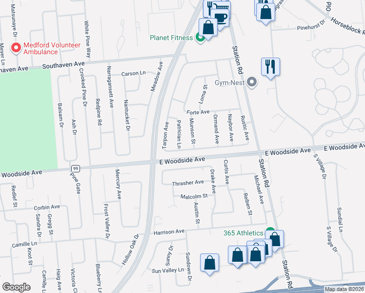 map of restaurants, bars, coffee shops, grocery stores, and more near 3 Patrician Lane in Medford