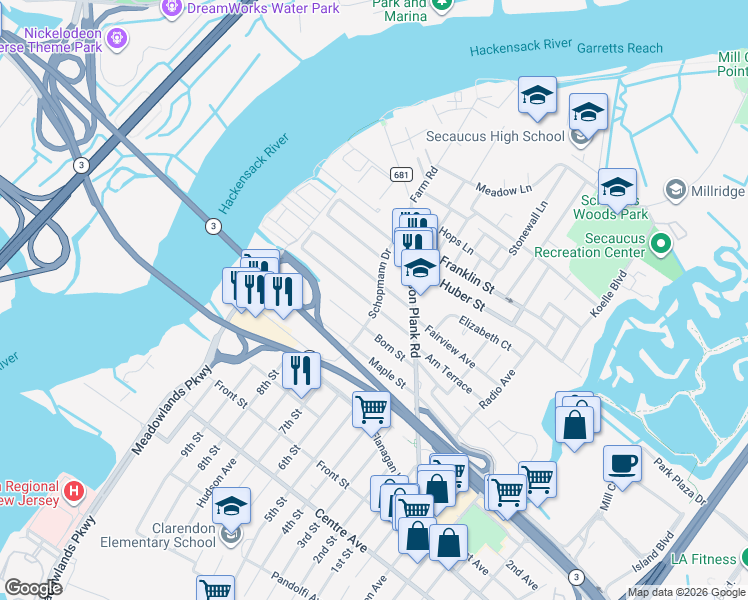 map of restaurants, bars, coffee shops, grocery stores, and more near 241 Hagan Place in Secaucus