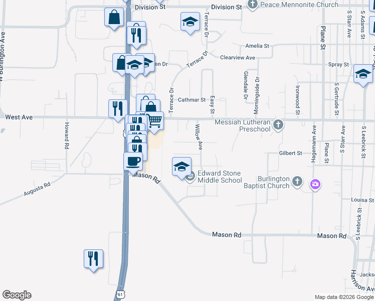map of restaurants, bars, coffee shops, grocery stores, and more near 2917 Garden Avenue in Burlington