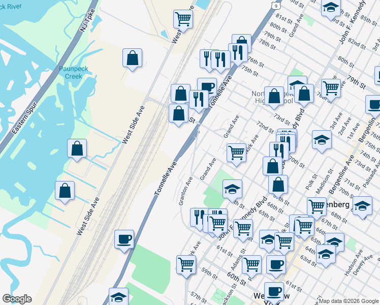 map of restaurants, bars, coffee shops, grocery stores, and more near 6601 Granton Avenue in North Bergen