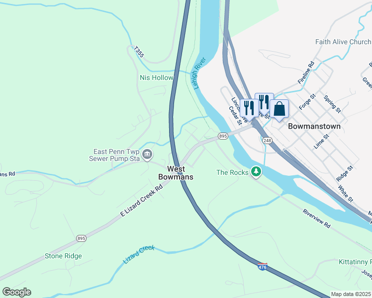 map of restaurants, bars, coffee shops, grocery stores, and more near 2343 E Lizard Creek Rd in Lehighton