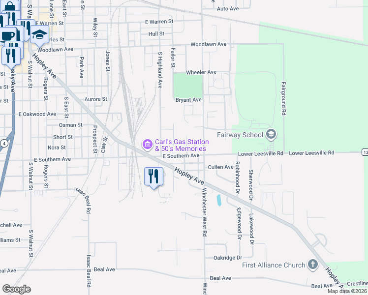 map of restaurants, bars, coffee shops, grocery stores, and more near 943 Union Street in Bucyrus