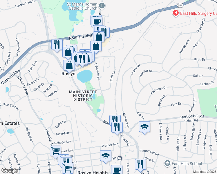 map of restaurants, bars, coffee shops, grocery stores, and more near 3 Davis Lane in Roslyn