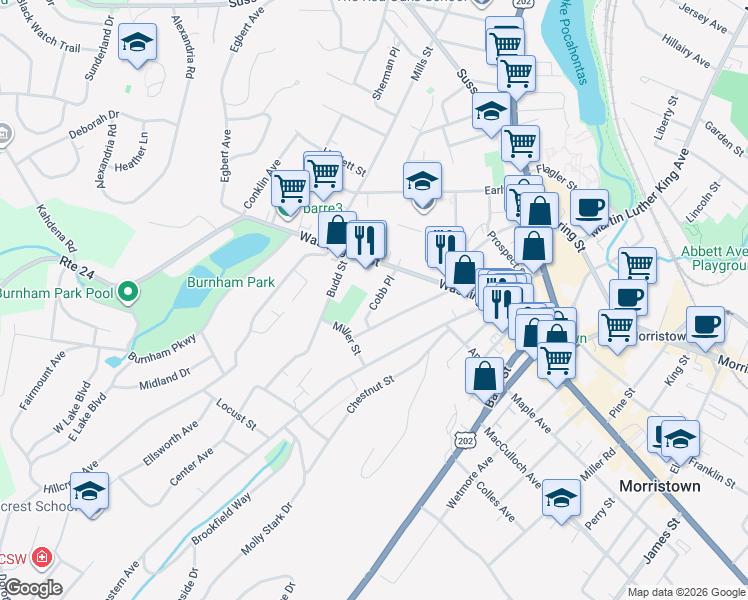 map of restaurants, bars, coffee shops, grocery stores, and more near 17 Cobb Place in Morristown
