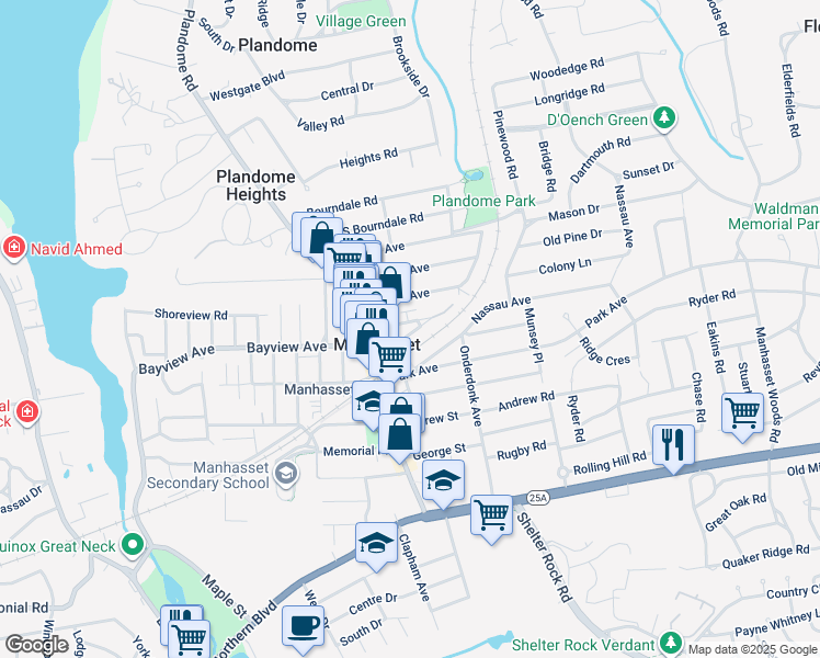 map of restaurants, bars, coffee shops, grocery stores, and more near 37 Orchard Street in Manhasset