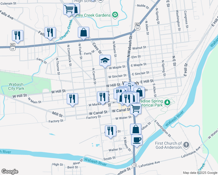 map of restaurants, bars, coffee shops, grocery stores, and more near 191 West Hill Street in Wabash