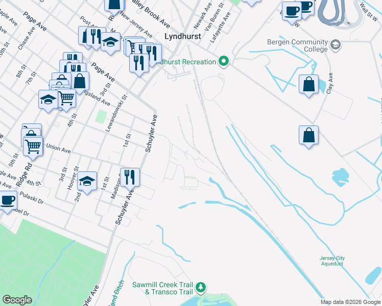 map of restaurants, bars, coffee shops, grocery stores, and more near 1 Jerome Avenue in Lyndhurst
