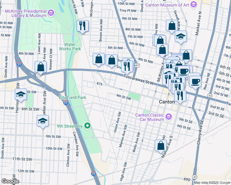 map of restaurants, bars, coffee shops, grocery stores, and more near 1010 3rd Street Southwest in Canton