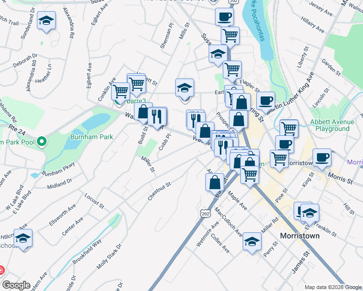 map of restaurants, bars, coffee shops, grocery stores, and more near 19 Phoenix Avenue in Morristown