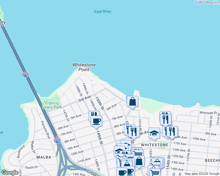 map of restaurants, bars, coffee shops, grocery stores, and more near 150123 Powells Cove Boulevard in Queens