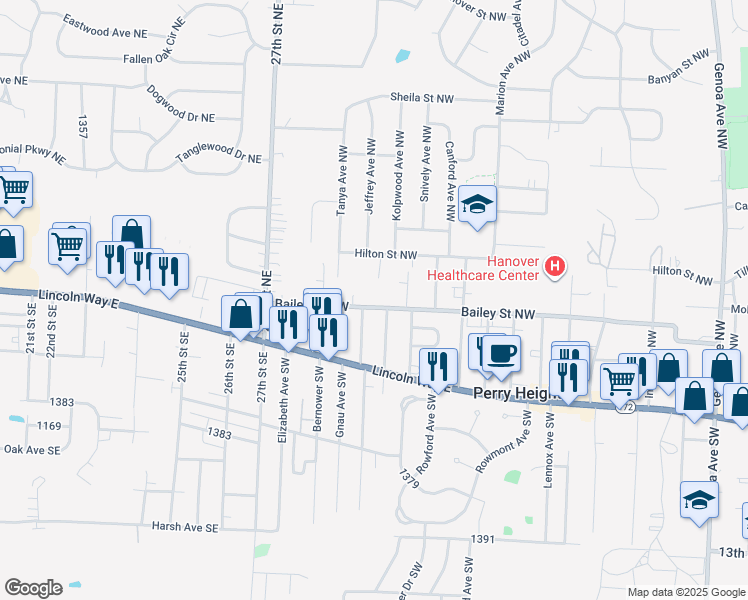 map of restaurants, bars, coffee shops, grocery stores, and more near 2930 Bailey Street Northwest in Massillon