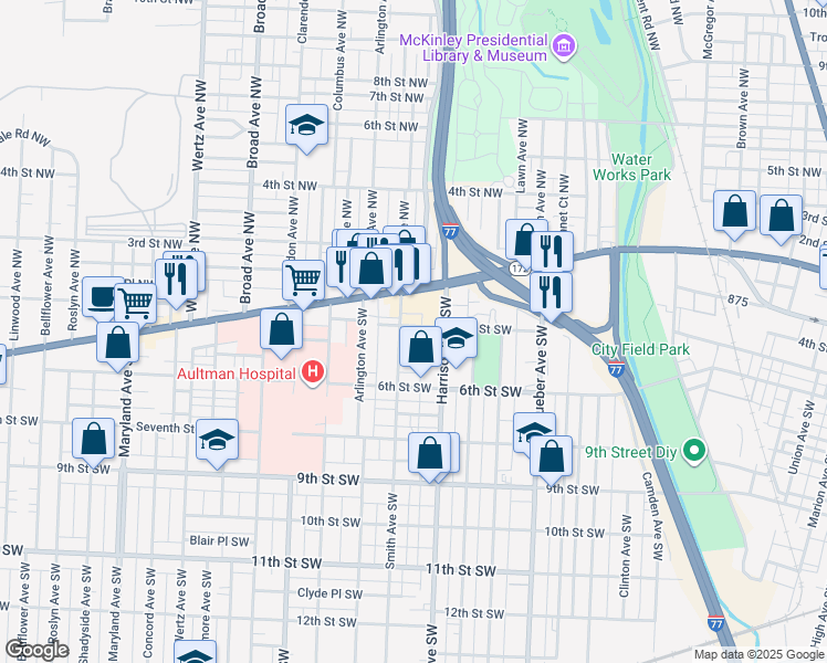map of restaurants, bars, coffee shops, grocery stores, and more near 2228 2nd Street Southwest in Canton
