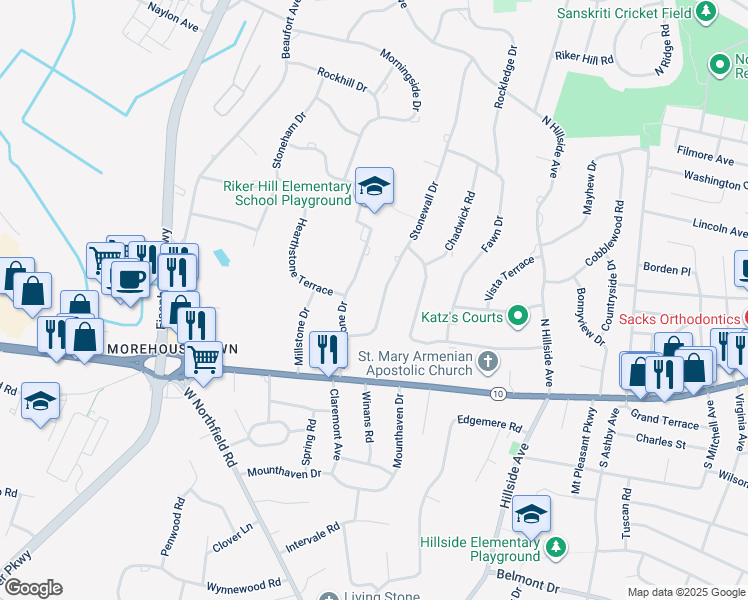 map of restaurants, bars, coffee shops, grocery stores, and more near 12 Stonewall Drive in Livingston