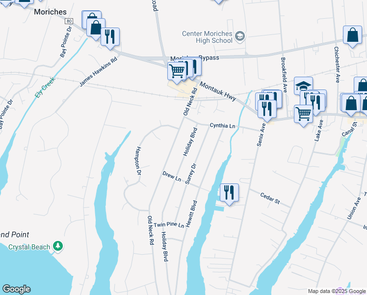 map of restaurants, bars, coffee shops, grocery stores, and more near 53 Old Neck Road in Center Moriches