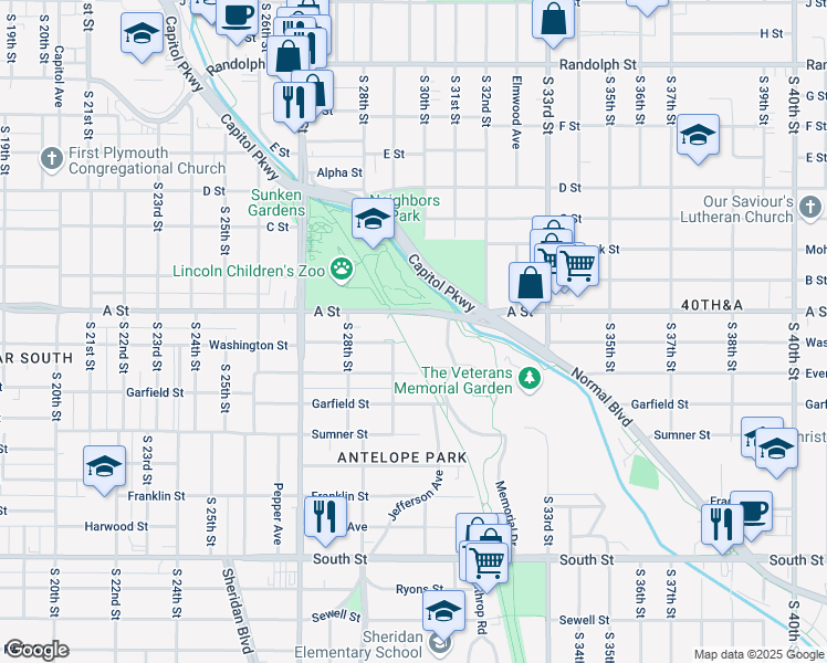 map of restaurants, bars, coffee shops, grocery stores, and more near 2901 A Street in Lincoln