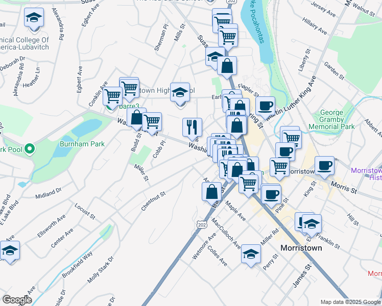 map of restaurants, bars, coffee shops, grocery stores, and more near 8 Phoenix Avenue in Morristown