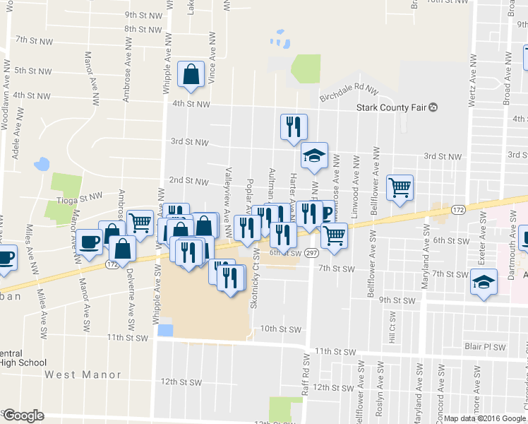 map of restaurants, bars, coffee shops, grocery stores, and more near 139 Aultman Avenue Northwest in Canton