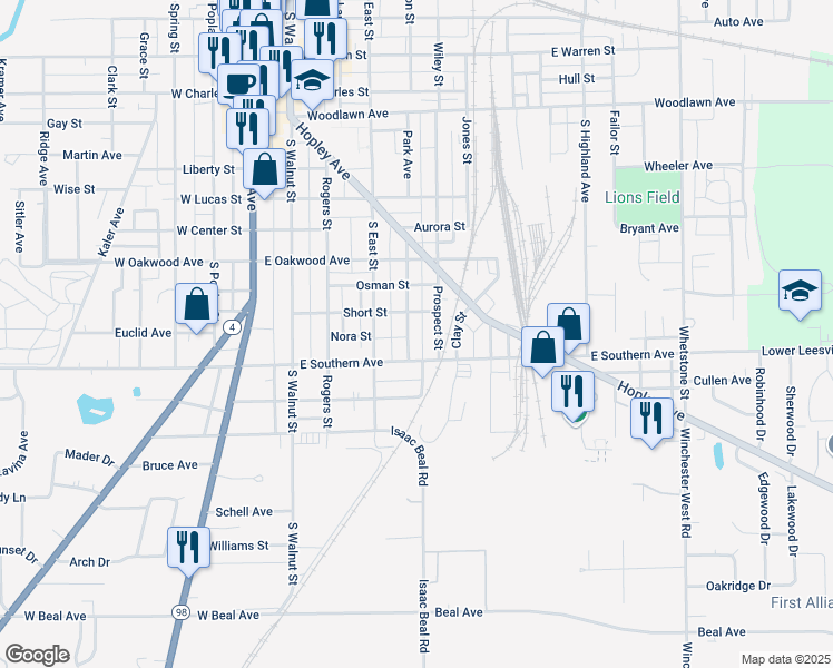 map of restaurants, bars, coffee shops, grocery stores, and more near 912 Faustina Avenue in Bucyrus