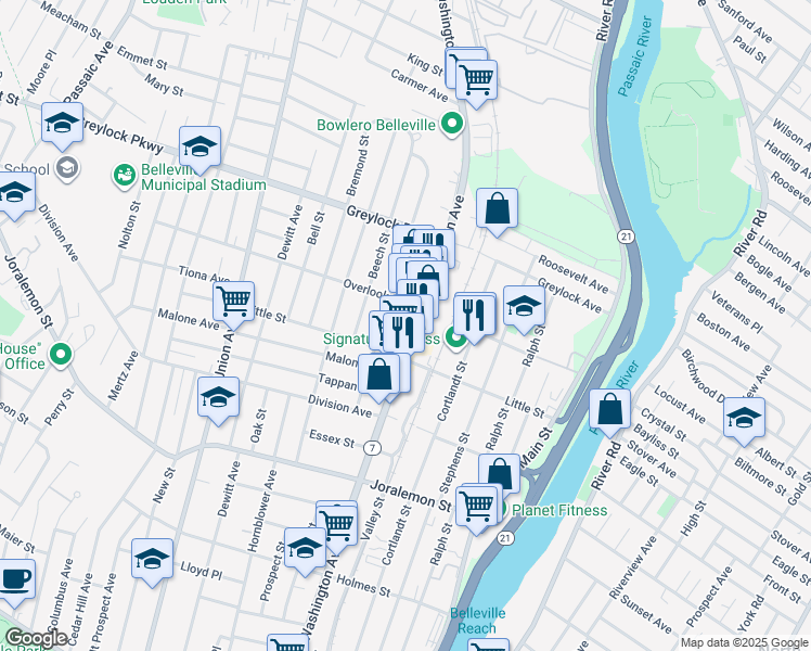 map of restaurants, bars, coffee shops, grocery stores, and more near 523 New Jersey 7 in Belleville