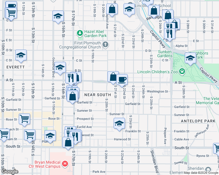 map of restaurants, bars, coffee shops, grocery stores, and more near 1418 South 20th Street in Lincoln