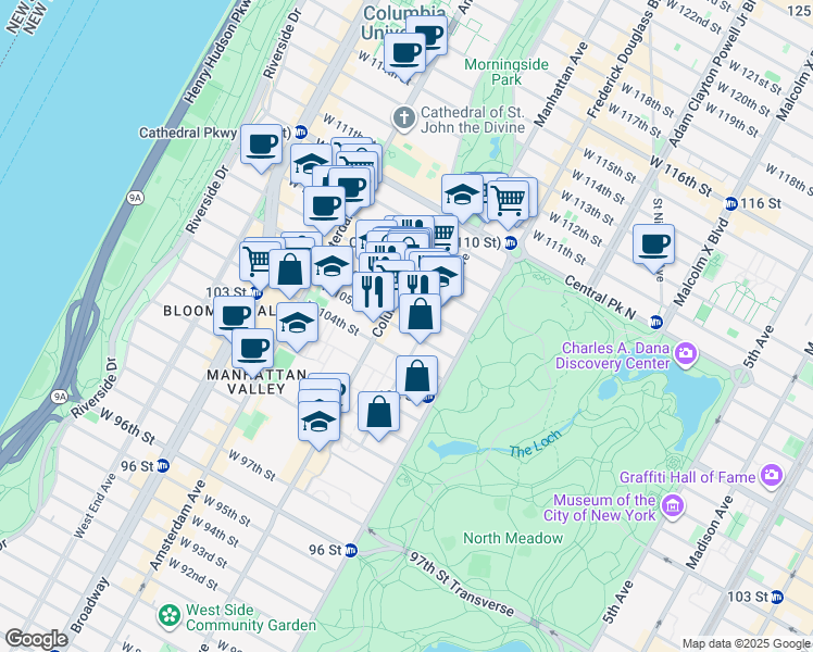 map of restaurants, bars, coffee shops, grocery stores, and more near 59 West 105th Street in New York