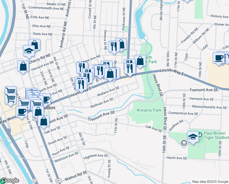 map of restaurants, bars, coffee shops, grocery stores, and more near 47 10th Street Southeast in Massillon