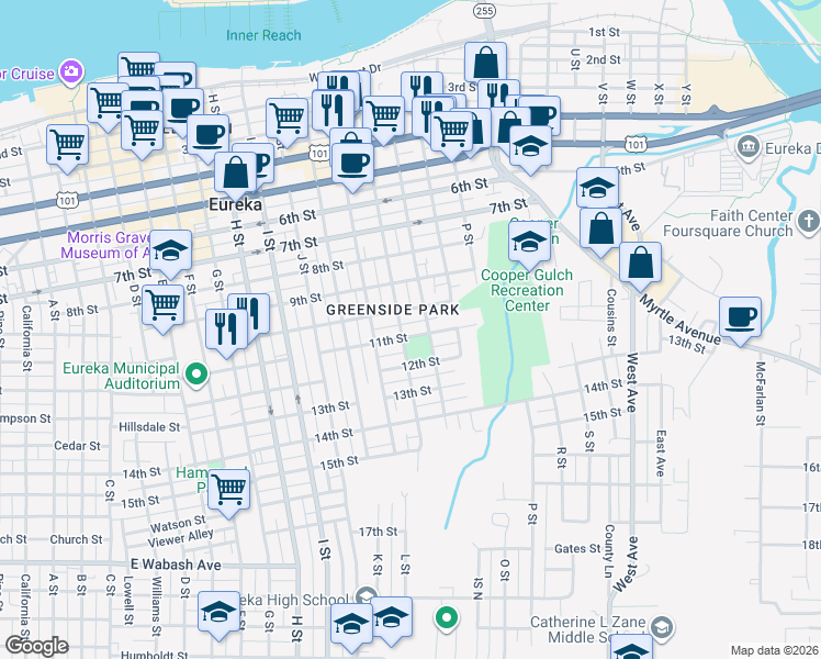 map of restaurants, bars, coffee shops, grocery stores, and more near 1213 11th Street in Eureka