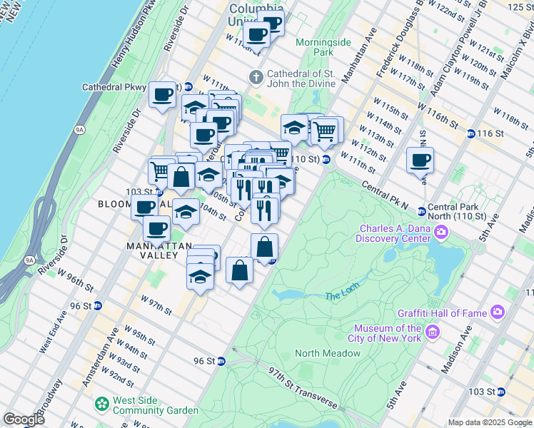 map of restaurants, bars, coffee shops, grocery stores, and more near 133 Manhattan Avenue in New York