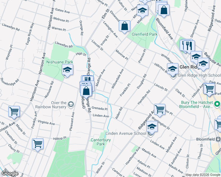 map of restaurants, bars, coffee shops, grocery stores, and more near 108 Willowdale Avenue in Montclair